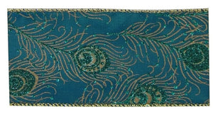 10yds x 63mm Deluxe Turquoise and Gold Peacock Ribbon - Christmas Xmas