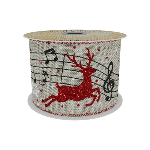 10yds x 63mm Deluxe Natural Ribbon with Red Reindeer and Musical Notes Ribbon - Christmas Xmas