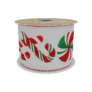 10yds x 63mm Deluxe Taffeta Ribbon with Candy Cane Print Red/White/Green - Christmas Xmas