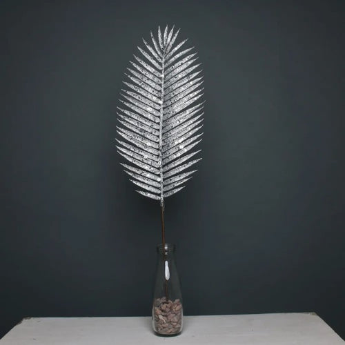 70cm Silver Glitter Palm Leaf Single Stem - Christmas Xmas Artificial Greenery (XB1)