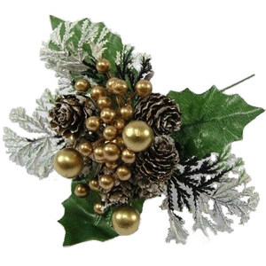 17cm Christmas Xmas Pick with Gold Berry White Foliage and Cones