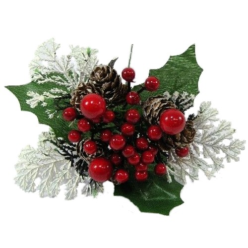 17cm Christmas Xmas Pick with Red Berry White Foliage and Cones