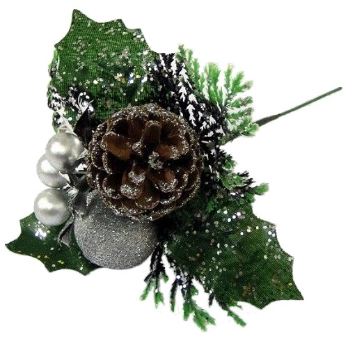 17cm Christmas Xmas Pick with Silver Ball Berry and Cones