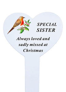White Heart Christmas Memorial Robin Stake Stick - Xmas Plaque Verse Graveside