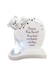 Teddy Plaque with Silver Candle Graveside Child Baby Memorial Ornament Tribute