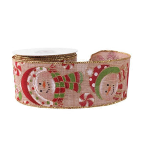 10yds x Deluxe Natural with Snowmen and Glitter Wired Edge Christmas Ribbon