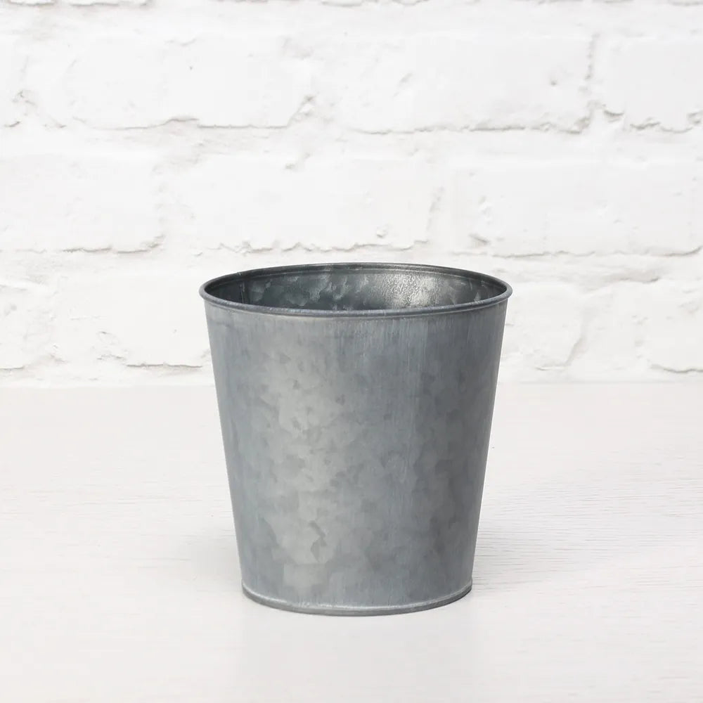 14cm Round Antique Grey Zinc Pot with Whitewash - Metal Container