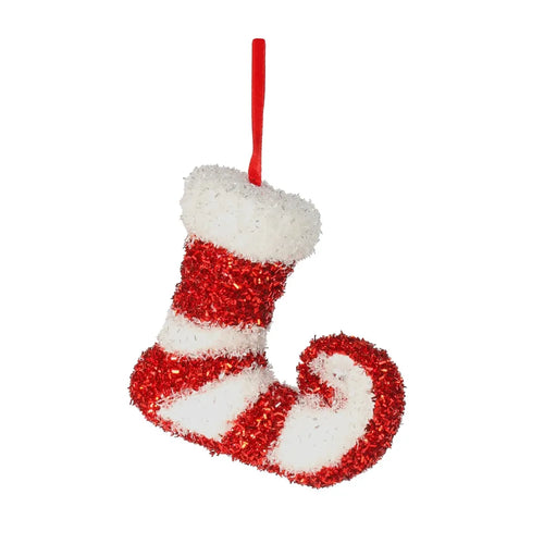 14cm Hanging Candy Elf Boot Red White Pick - Christmas Wreath Decoration