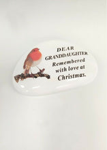 Load image into Gallery viewer, White Robin Pebble Christmas Memorial Tribute - Xmas Tree Plaque Verse Graveside