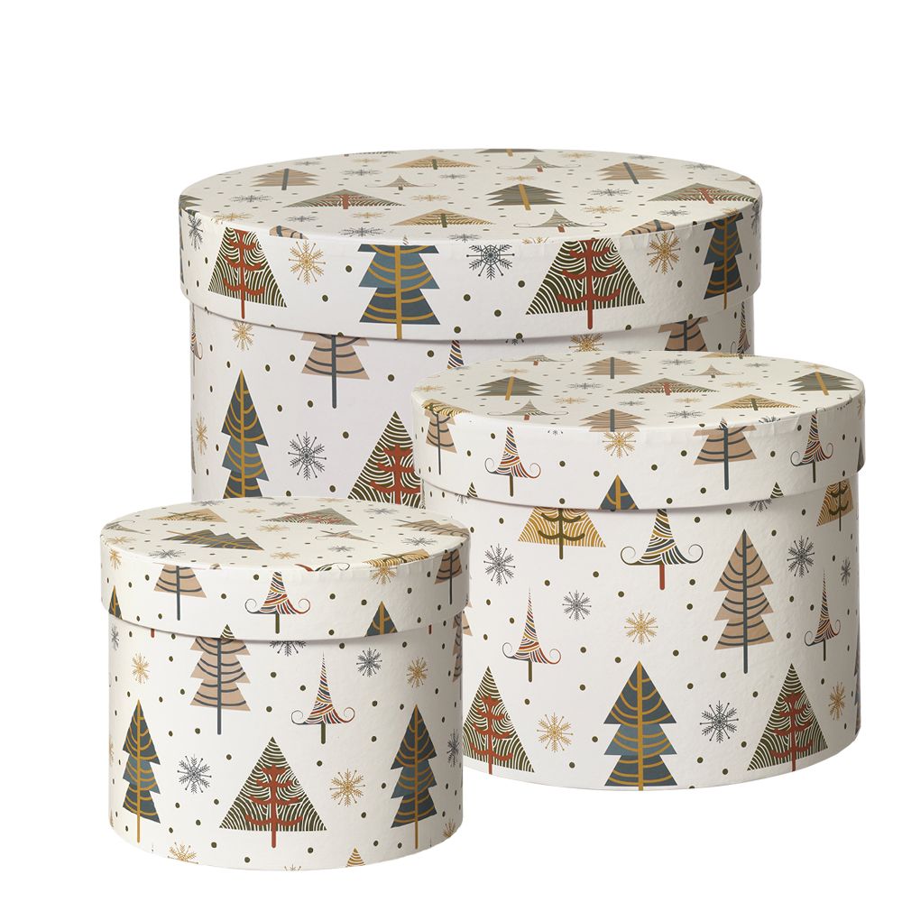 Set of 3 White Christmas Tree Lined Hat Boxes - Christmas Present Xmas